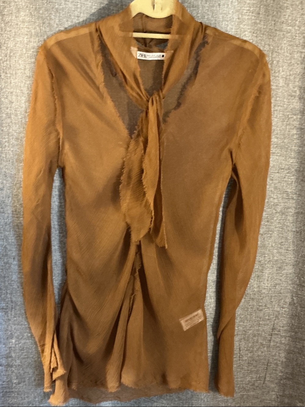 Zara Burnt Orange Tie-Neck Long Sleeve Blouse
